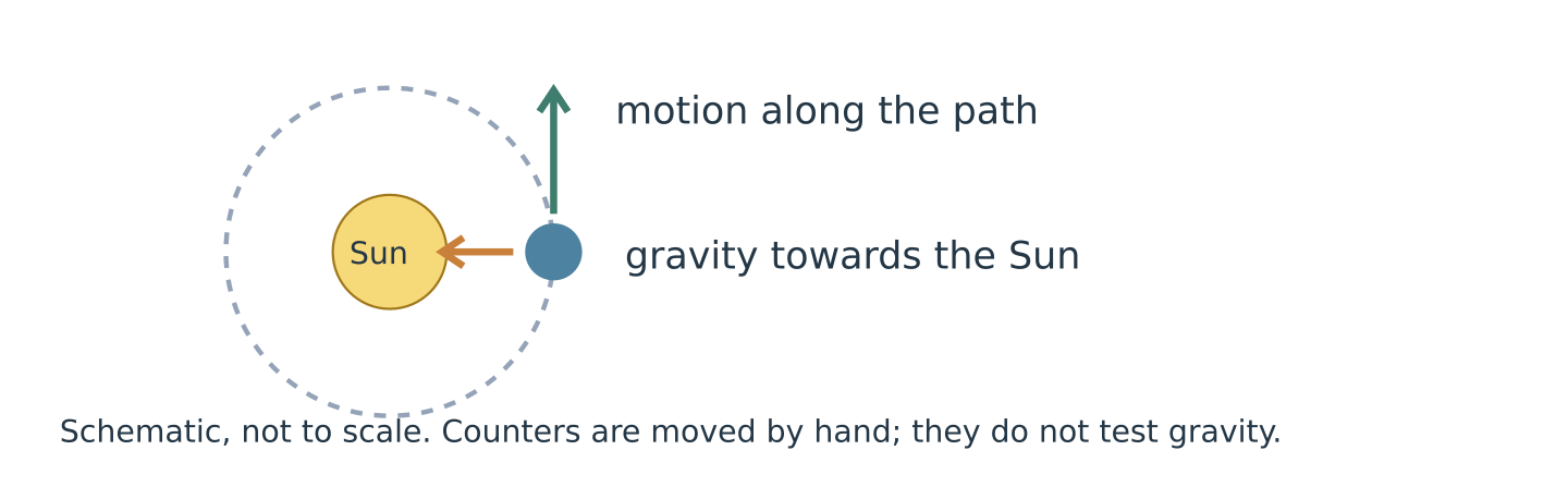 An orbit model showing motion tangent to the path and gravity pointing towards the Sun; hand-moved counters do not test gravity.