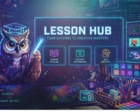The Lesson Hub with course, dashboard and quiz panels